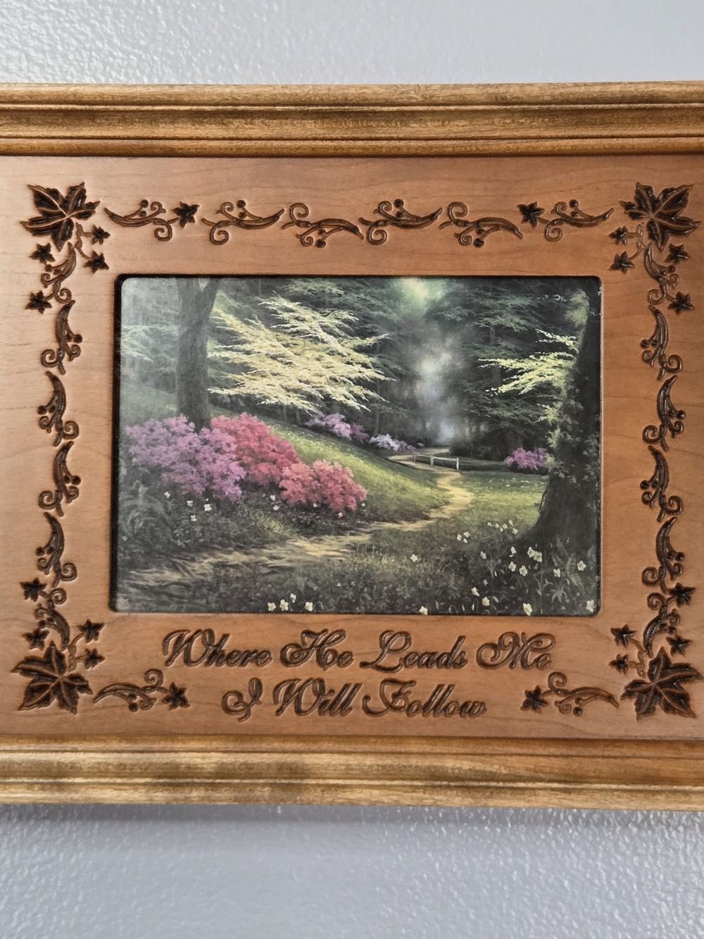 American Made "Where He Leads, I Will Follow" Cherry Wood frame, P Graham Dunn